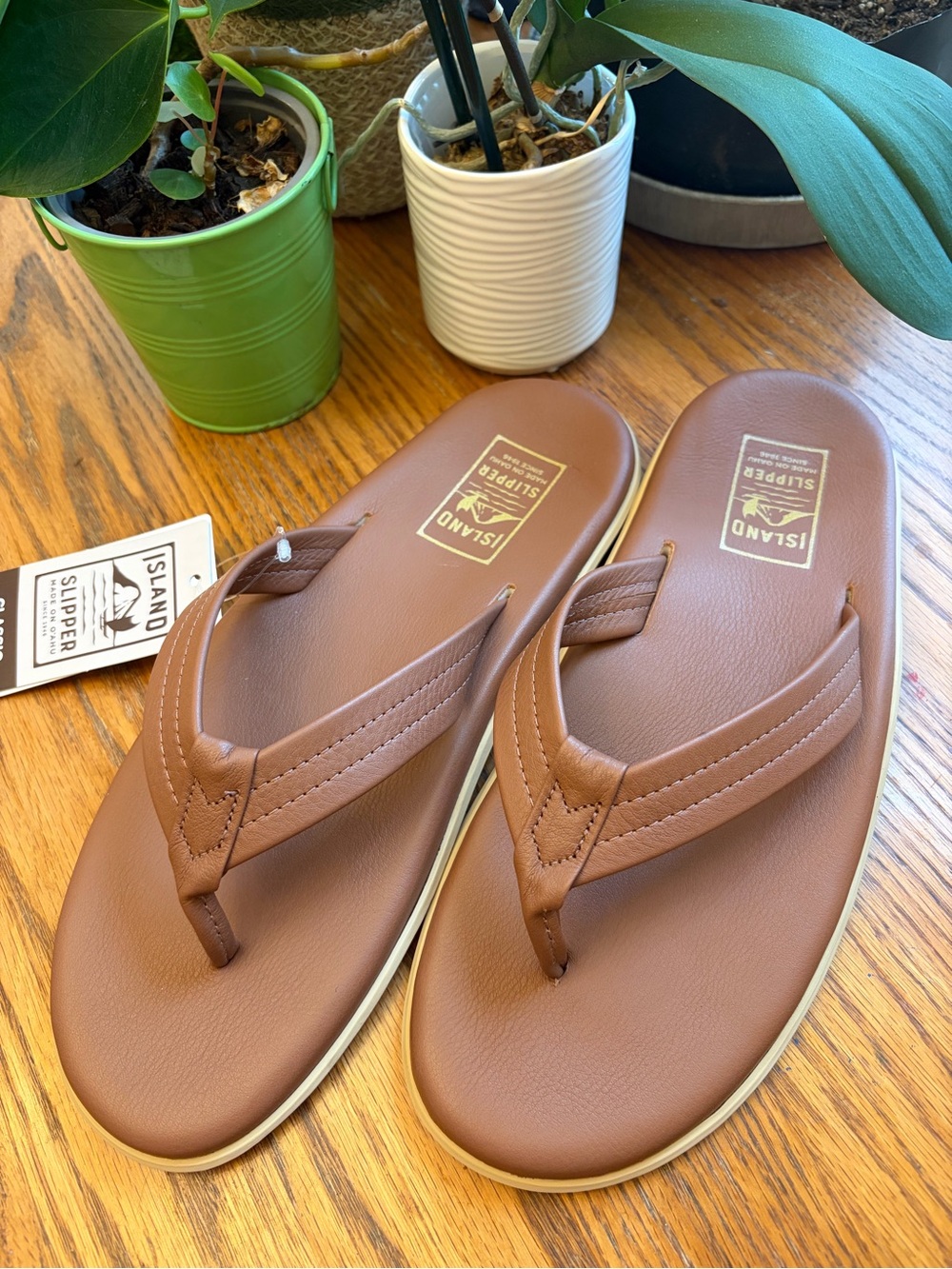 Island Pro Slippers Men's Brown Leather Thong Flip Flops Size 12 Made In Hawaii